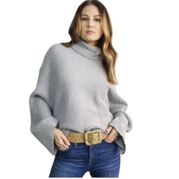 Anthropologie Moth Ribbed Knit Turtleneck Dolman Sleeve Sweater Gray Medium - Picture 1 of 10